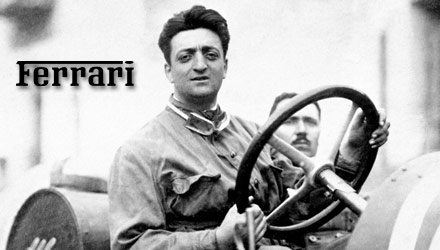 photo of young enzo ferrari driving with ferrari logo
