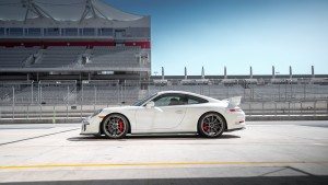 The Porsche 911 GT3 parked in pit lane at Circuit of the Americas