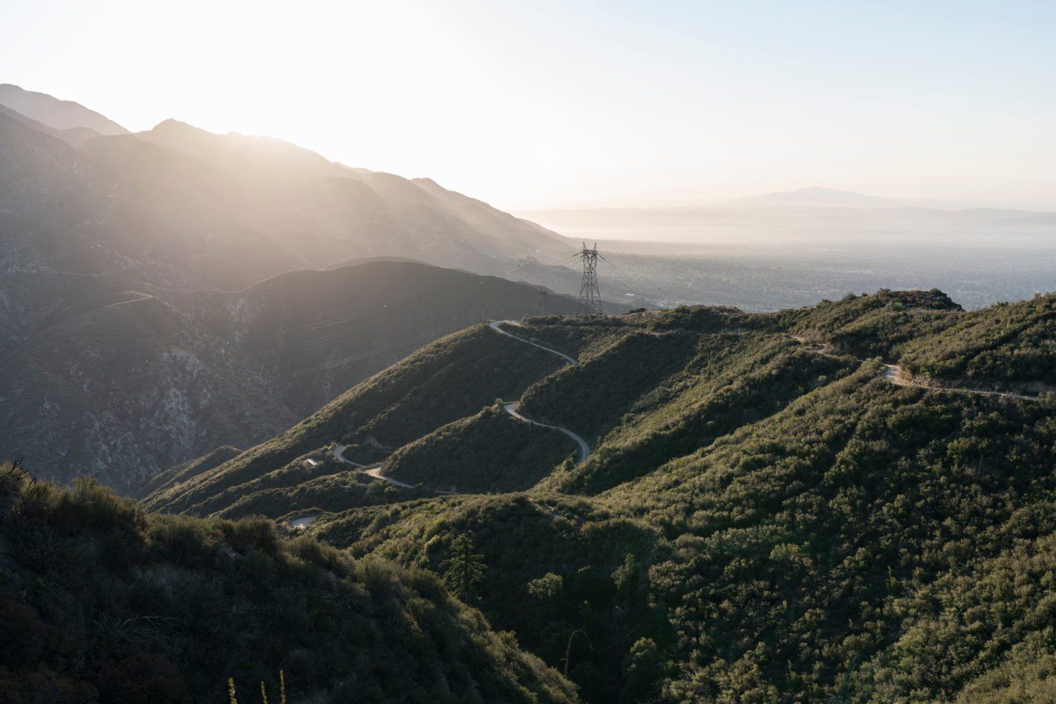 Morning view of Mt Lukens Truck Trail fire road and Mt Wilson in the San Gabriel Mountains near Pasadena and Los Angeles California.
