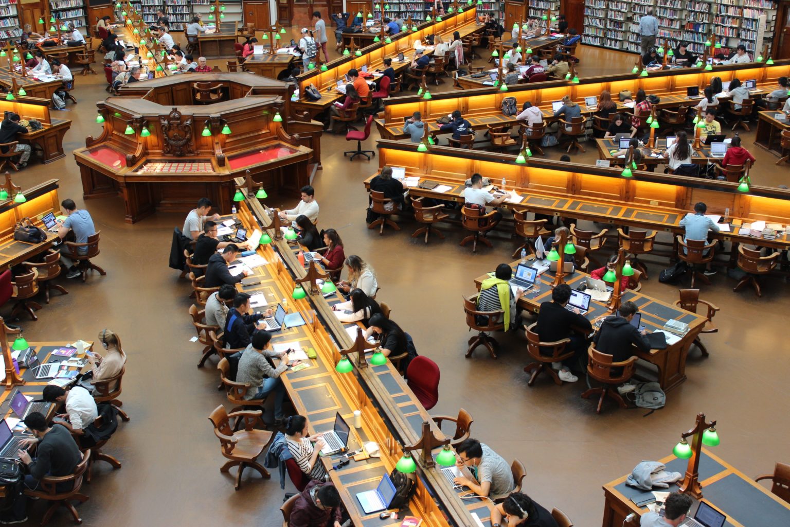 A overview of students studying in a library.